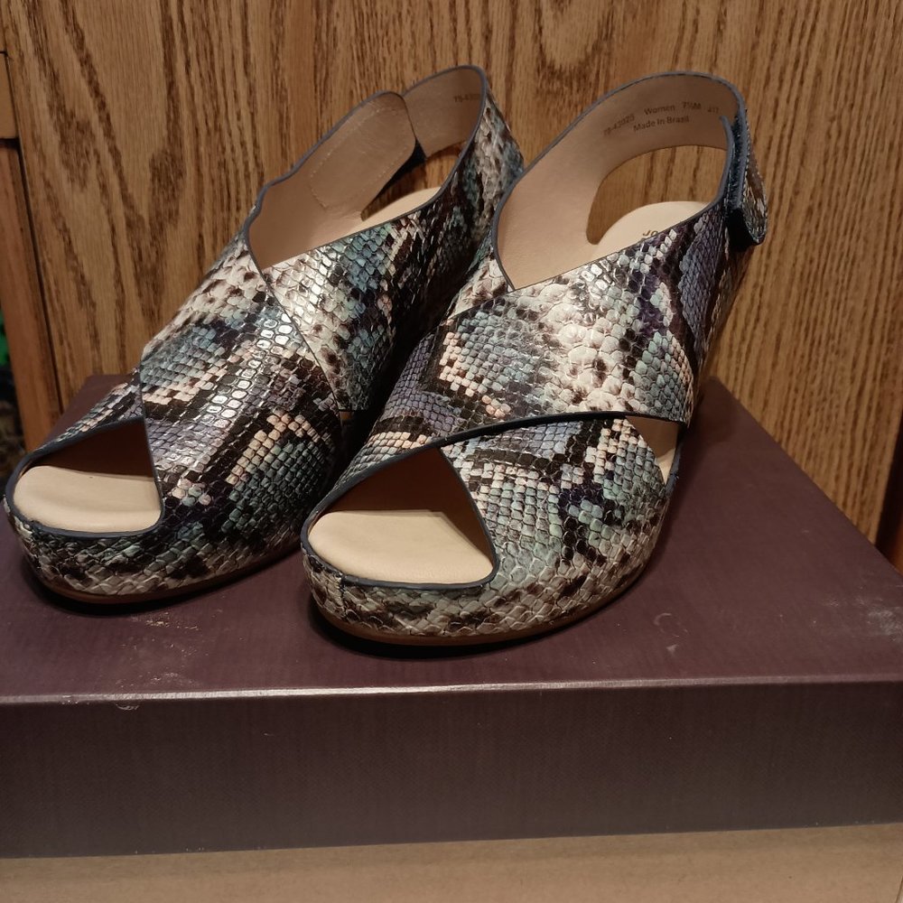 Johnston & Murphy Snake-Print Peep-Toe Wedge Sandals in Green, Black, Cream